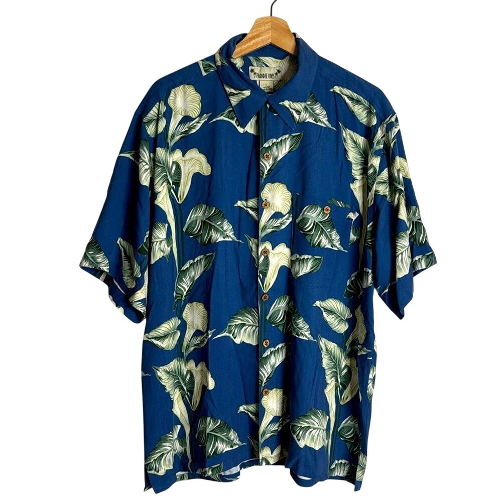 Paradise Coves Men Silk Button Down Floral Resortwear Vacation Shirt Blue Size L